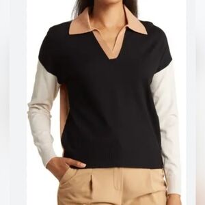 T Tahari Johnny Collar Colorblock V-Neck Sweater In Black,Cream,Beige